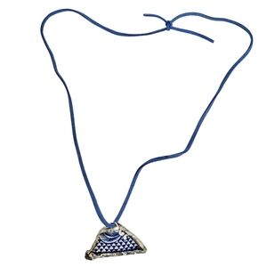 Blue Willow China Trapezoid Shard Pendant Silver Plated Necklace Faux Blue Cord